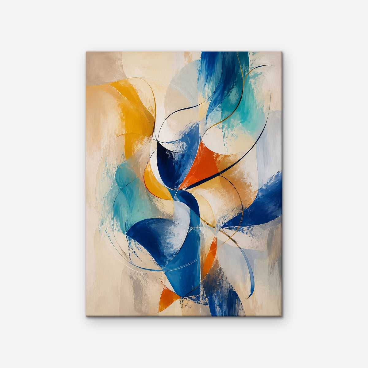 Cobalt and Saffron Swirl Canvas Art – vertical cobalt and orange abstract print as a gallery-wrapped canvas on a white background