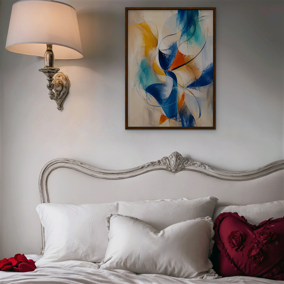Cobalt and Saffron Swirl Canvas Art – vertical cobalt and orange abstract print in a walnut floating frame in a bedroom
