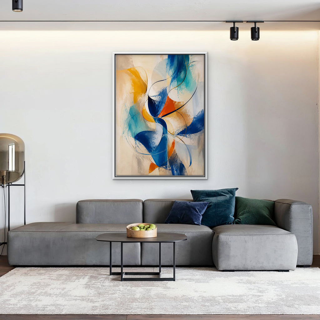Cobalt and Saffron Swirl Canvas Art - Vertical – White Floating Frame in room setting