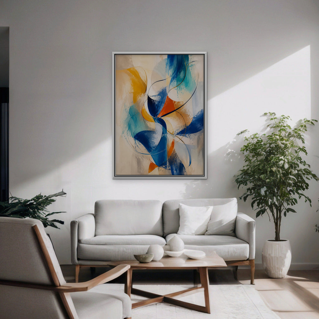 Cobalt and Saffron Swirl Canvas Art - Vertical – White Floating Frame in room setting