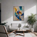 Cobalt and Saffron Swirl Canvas Art - Vertical – White Floating Frame in room setting