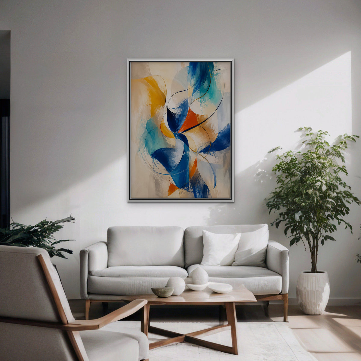 Cobalt and Saffron Swirl Canvas Art - Vertical – White Floating Frame in room setting