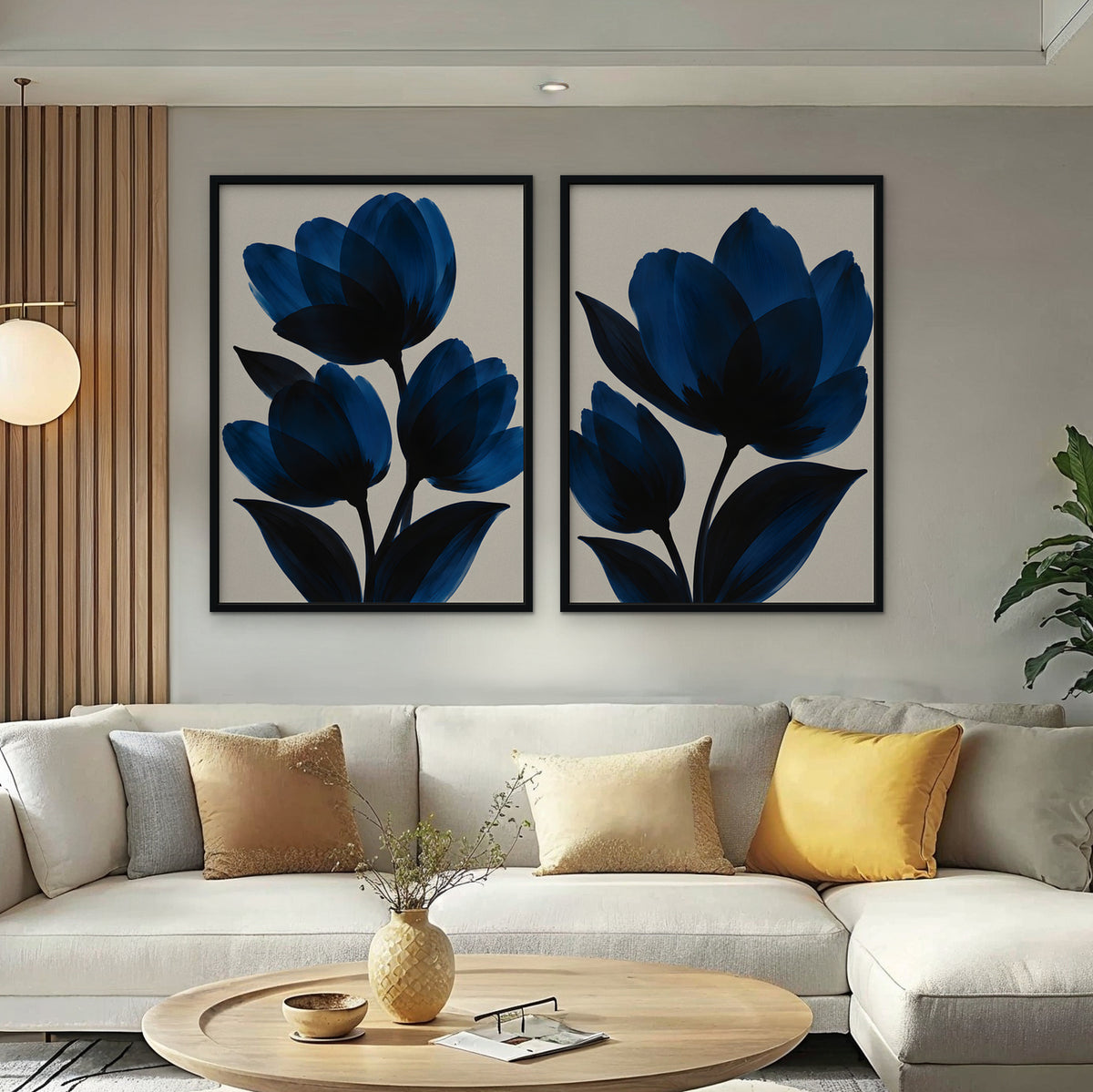 Cobalt Tulips Canvas Art - Set of 2 – Black Floating Frame in room setting