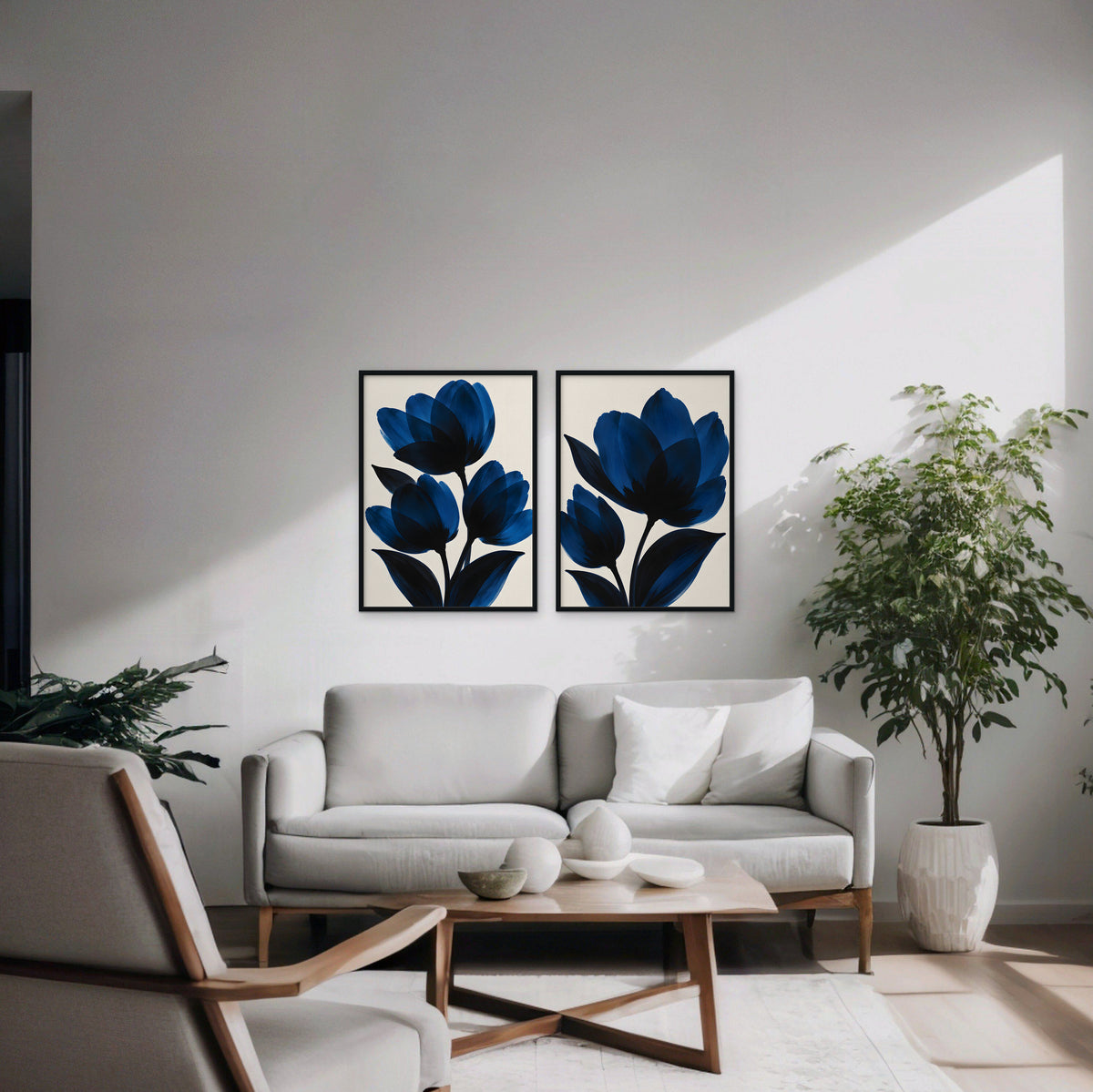 Cobalt Tulips Canvas Art - Set of 2 – Black Floating Frame in room setting
