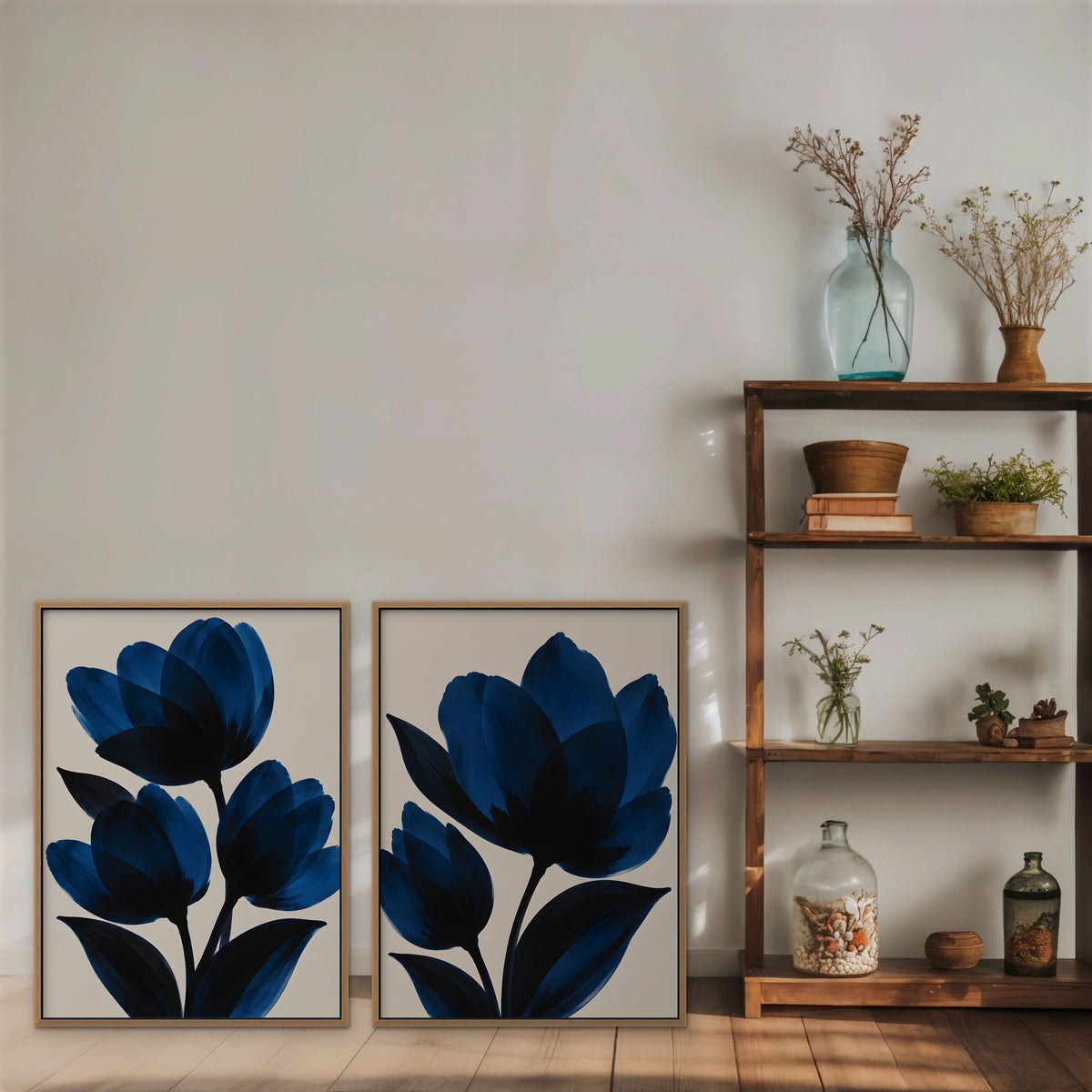 Cobalt Tulips Canvas Art - Set of 2 – Oak Floating Frame in room setting