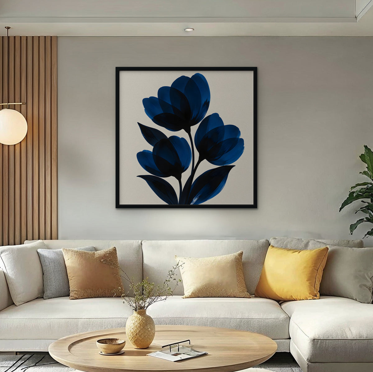 Cobalt Tulips Canvas Art - Square – Black Floating Frame in room setting