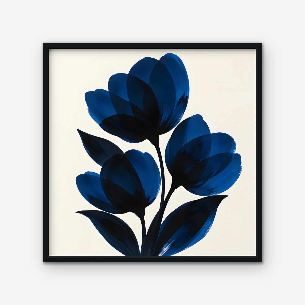Cobalt Tulips Canvas Art - Square – Black Floating Frame on white background