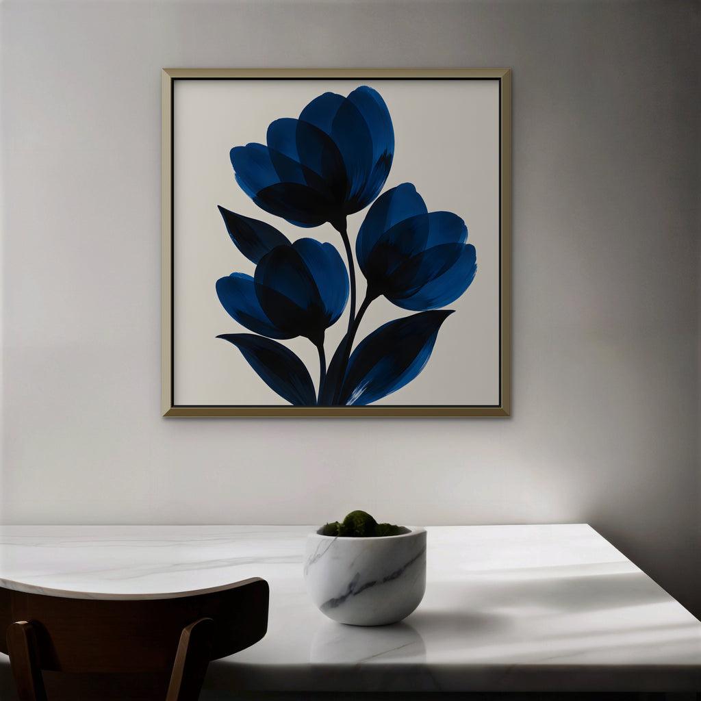 Cobalt Tulips Canvas Art - Square – Gold Floating Frame in room setting