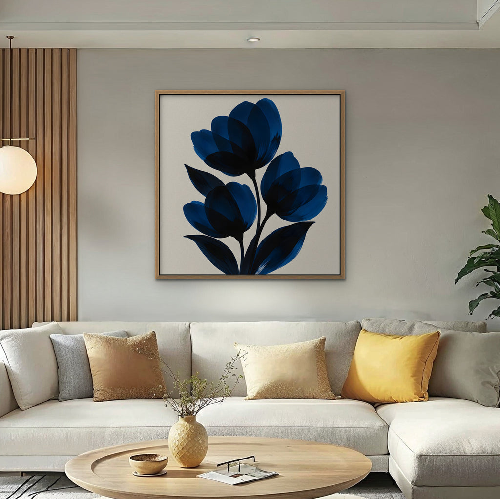 Cobalt Tulips Canvas Art - Square – Oak Floating Frame in room setting