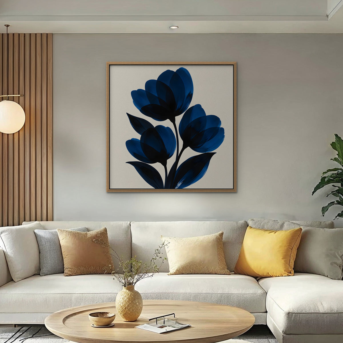 Cobalt Tulips Canvas Art - Square – Oak Floating Frame in room setting