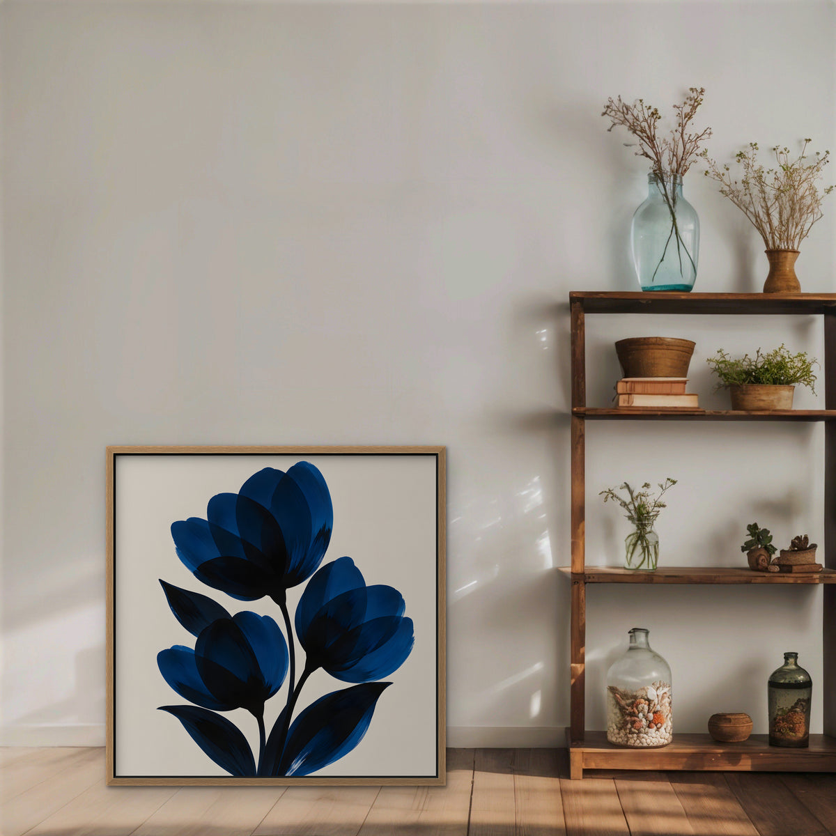 Cobalt Tulips Canvas Art - Square – Oak Floating Frame in room setting