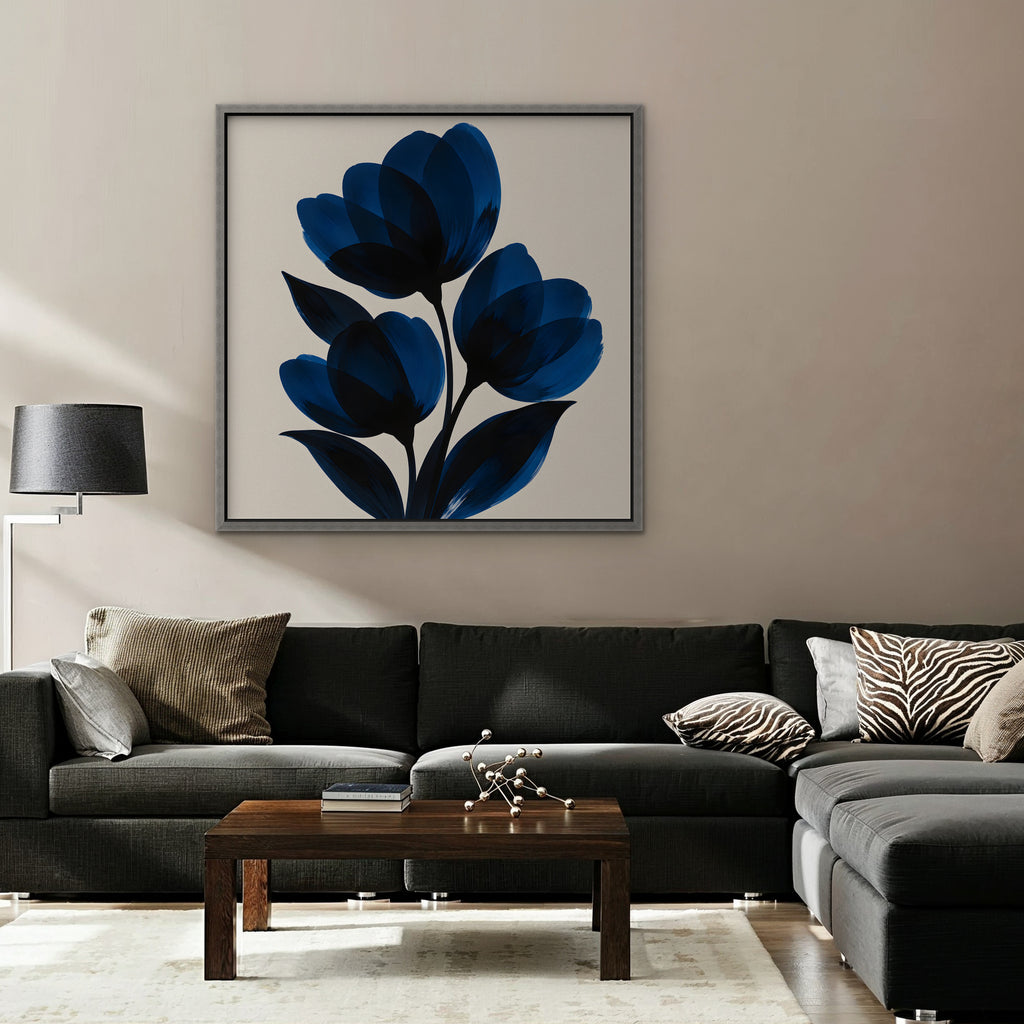 Cobalt Tulips Canvas Art - Square – Silver Floating Frame in room setting