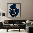Cobalt Tulips Canvas Art - Square – Silver Floating Frame in room setting