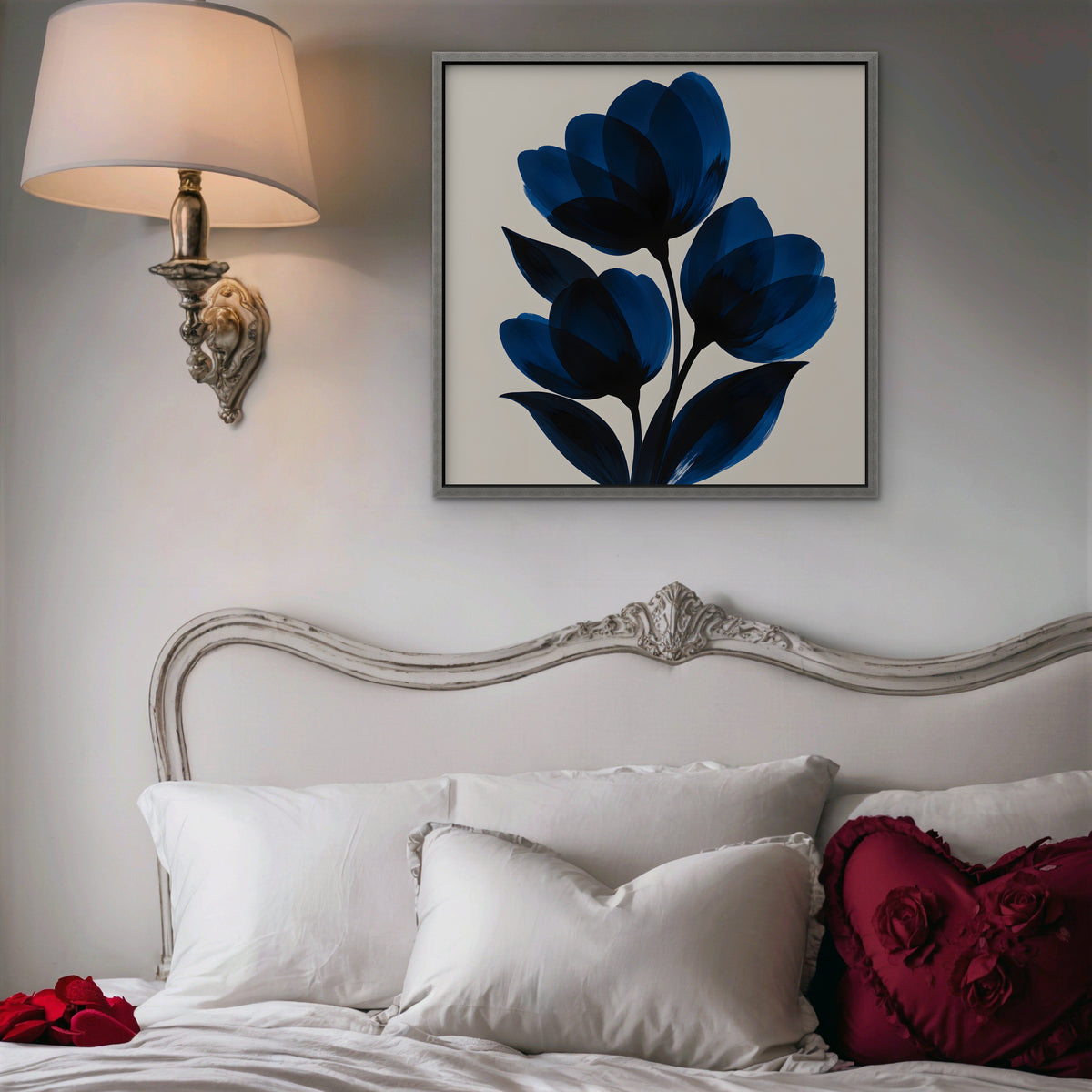 Cobalt Tulips Canvas Art - Square – Silver Floating Frame in room setting