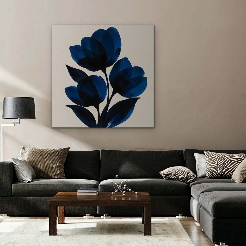 Cobalt Tulips Canvas Art - Square – Stretched Canvas Only in room setting