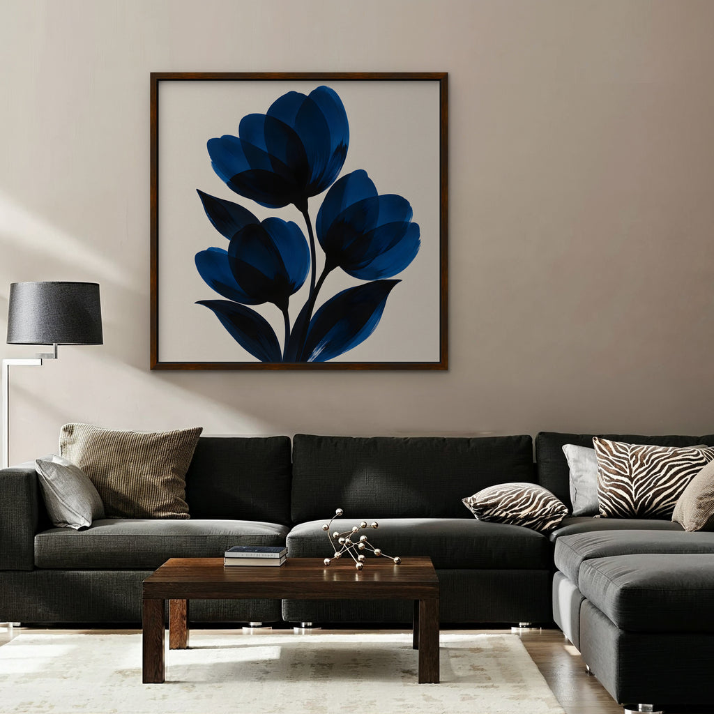 Cobalt Tulips Canvas Art - Square – Walnut Floating Frame in room setting