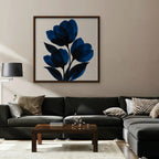 Cobalt Tulips Canvas Art - Square – Walnut Floating Frame in room setting