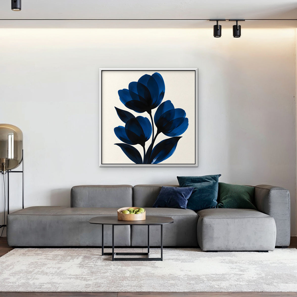 Cobalt Tulips Canvas Art - Square – White Floating Frame in room setting
