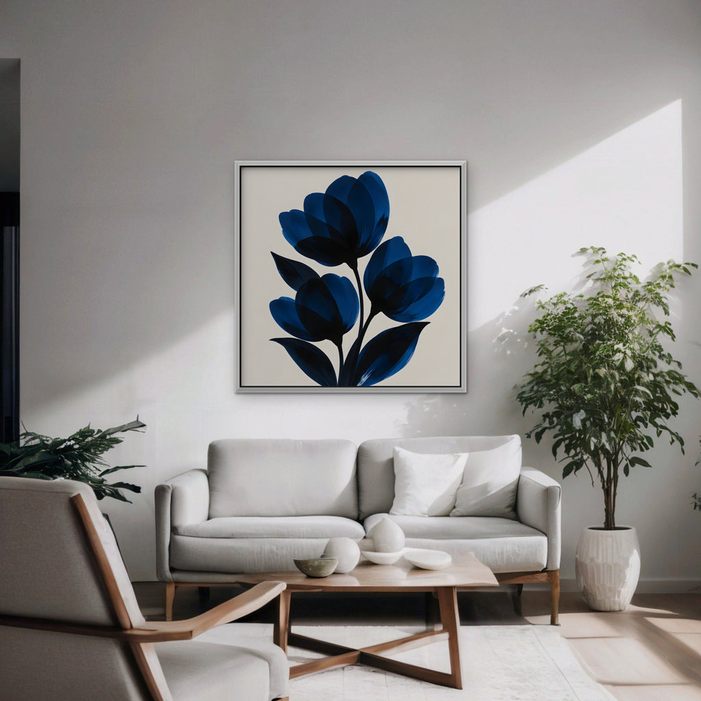 Cobalt Tulips Canvas Art - Square – White Floating Frame in room setting