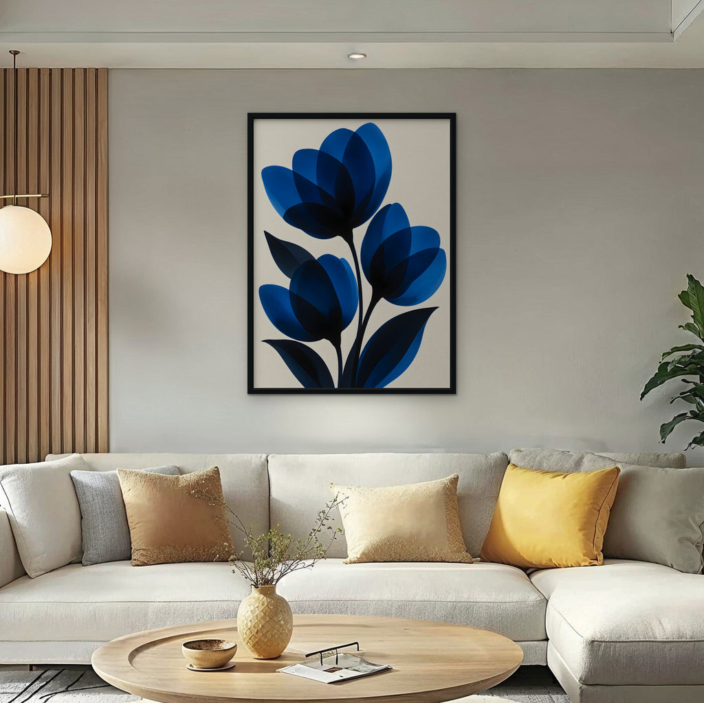 Cobalt Tulips Canvas Art - Vertical – Black Floating Frame in room setting