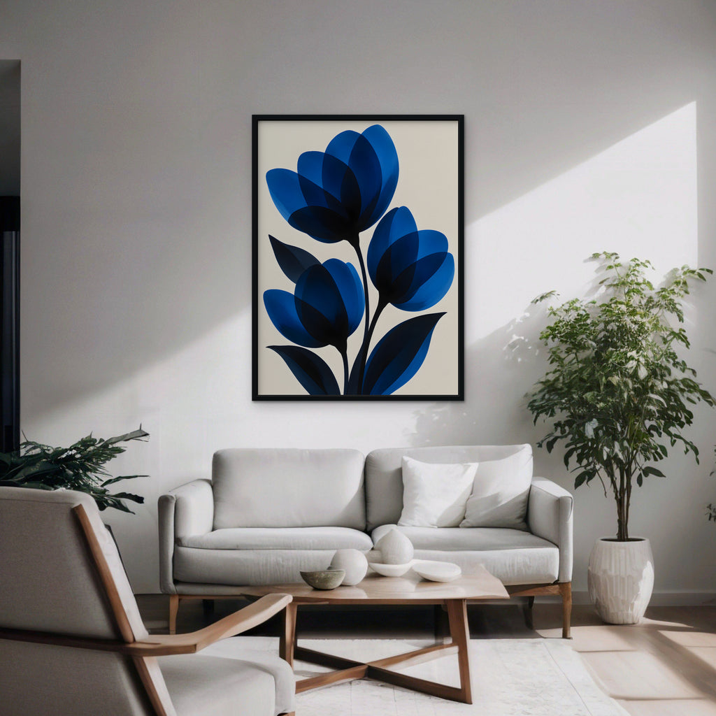 Cobalt Tulips Canvas Art - Vertical – Black Floating Frame in room setting