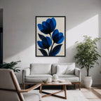 Cobalt Tulips Canvas Art - Vertical – Black Floating Frame in room setting