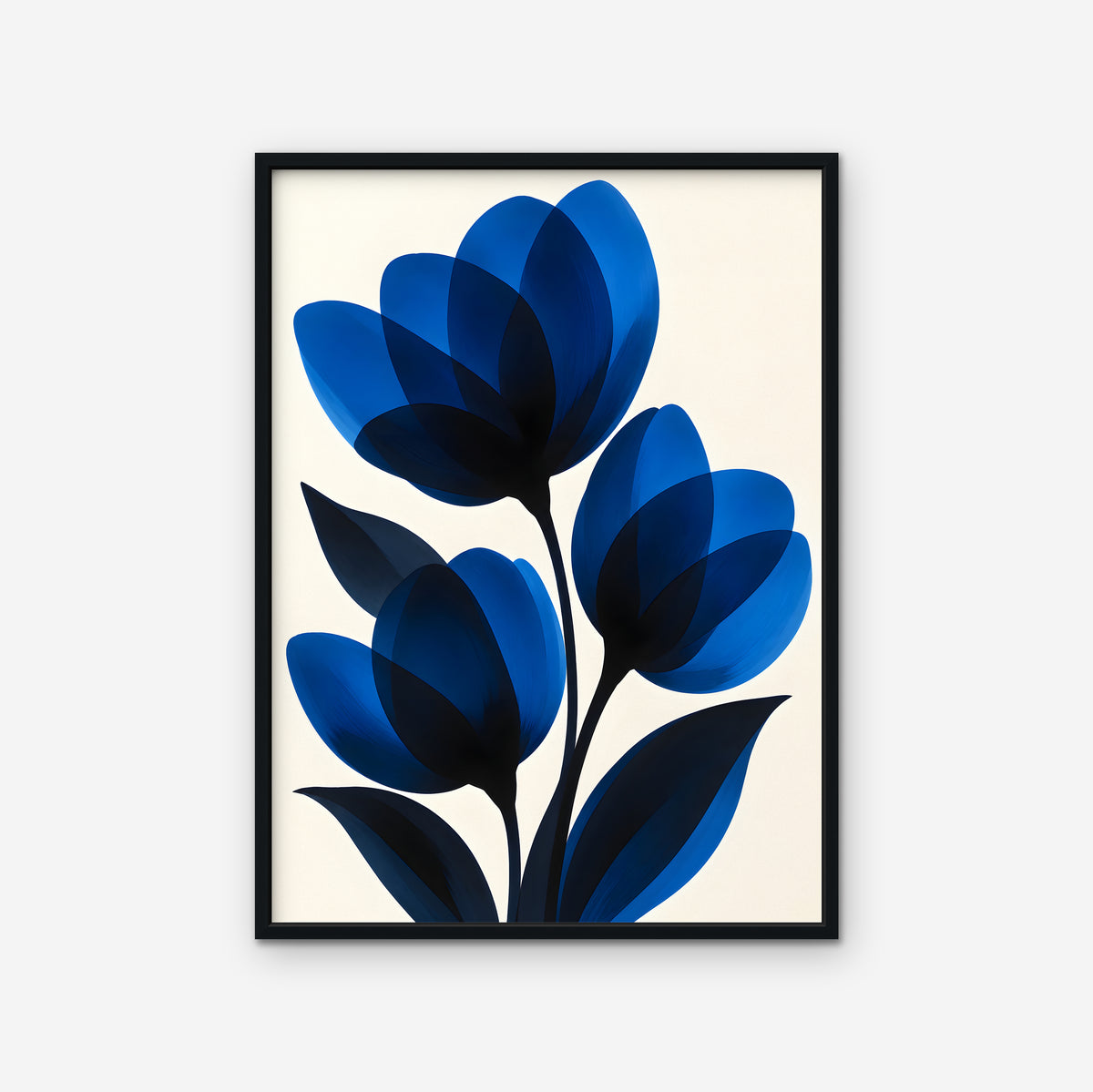 Cobalt Tulips Canvas Art - Vertical – Black Floating Frame on white background