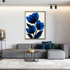 Cobalt Tulips Canvas Art - Vertical – Gold Floating Frame in room setting