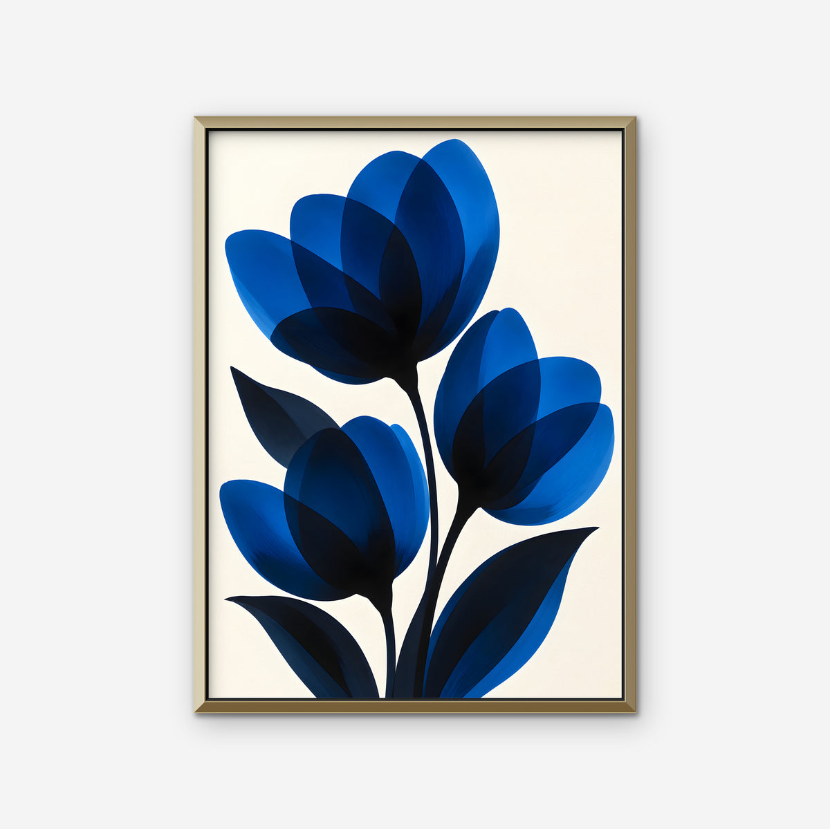 Cobalt Tulips Canvas Art - Vertical – Gold Floating Frame on white background