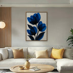 Cobalt Tulips Canvas Art - Vertical – Oak Floating Frame in room setting