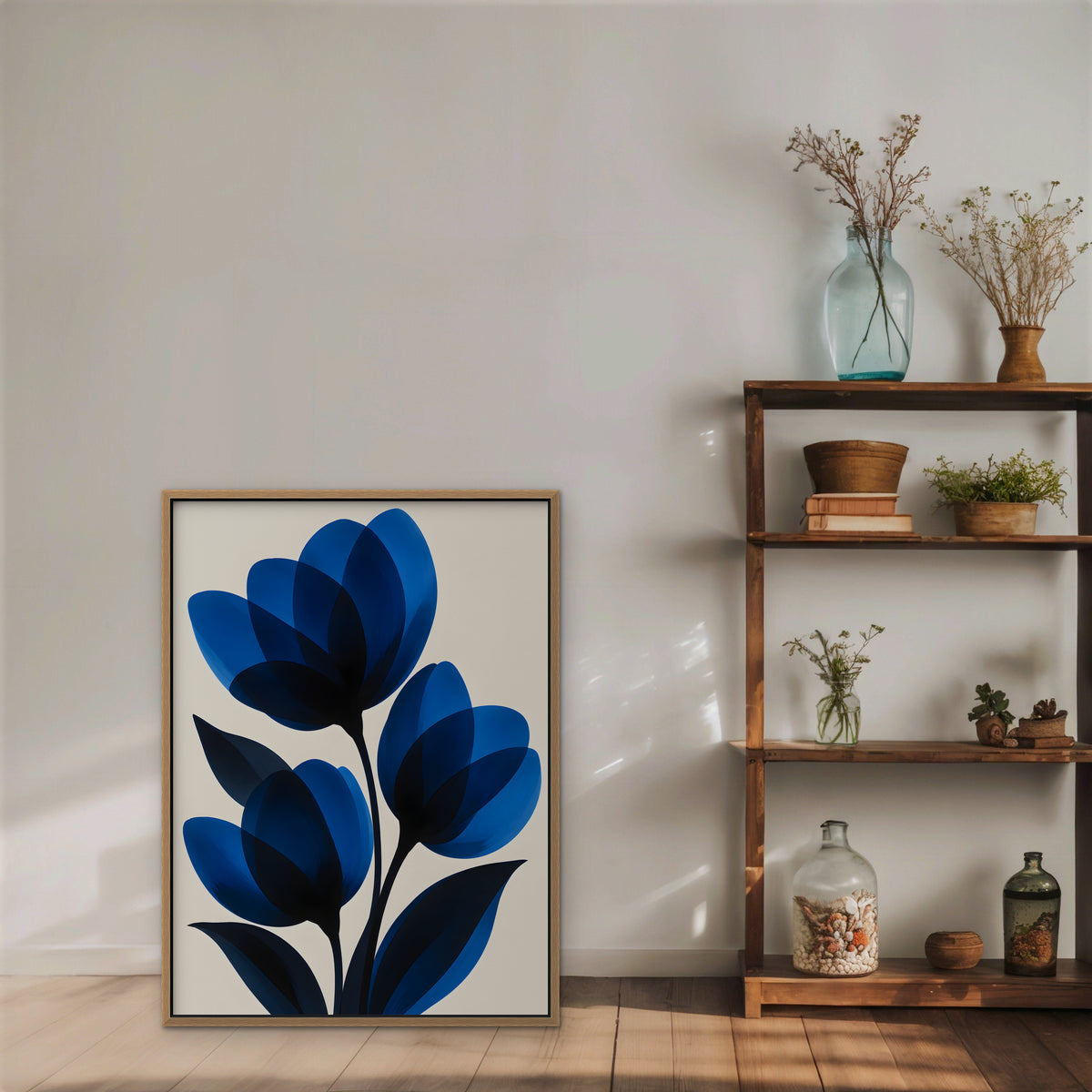 Cobalt Tulips Canvas Art - Vertical – Oak Floating Frame in room setting