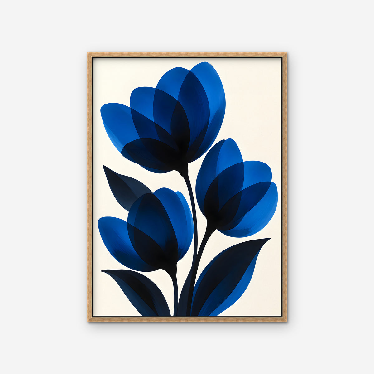 Cobalt Tulips Canvas Art - Vertical – Oak Floating Frame on white background