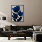 Cobalt Tulips Canvas Art - Vertical – Silver Floating Frame in room setting