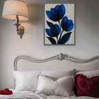 Cobalt Tulips Canvas Art - Vertical – Silver Floating Frame in room setting