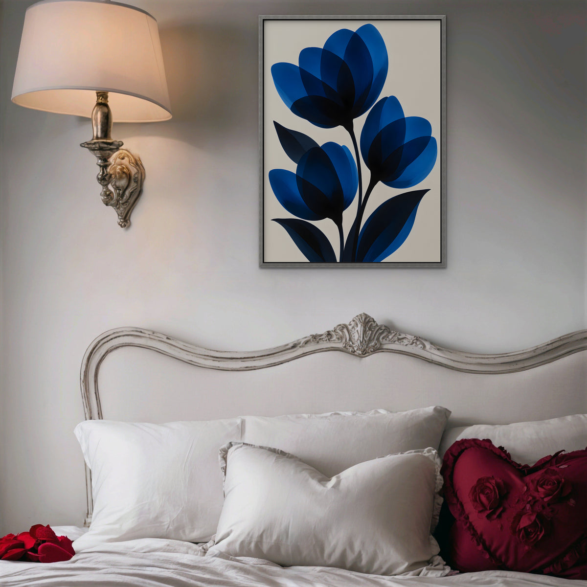 Cobalt Tulips Canvas Art - Vertical – Silver Floating Frame in room setting