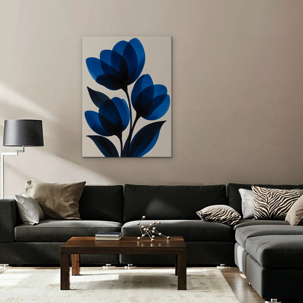 Cobalt Tulips Canvas Art - Vertical – Stretched Canvas Only in room setting
