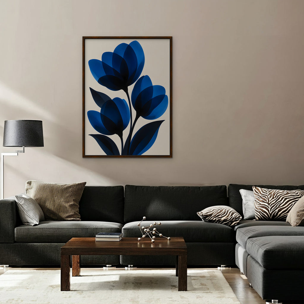 Cobalt Tulips Canvas Art - Vertical – Walnut Floating Frame in room setting