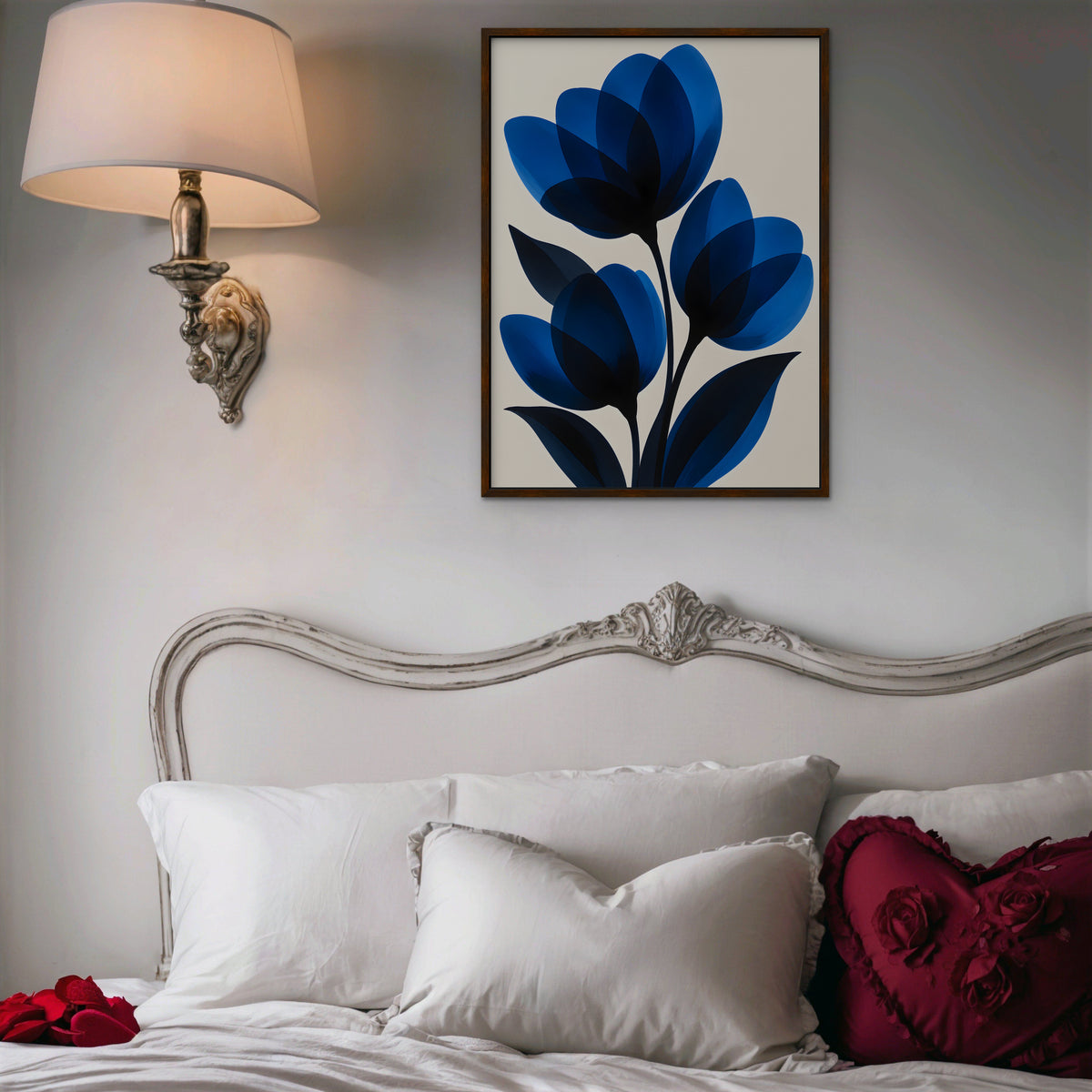 Cobalt Tulips Canvas Art - Vertical – Walnut Floating Frame in room setting