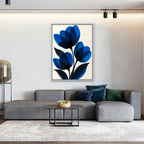 Cobalt Tulips Canvas Art - Vertical – White Floating Frame in room setting