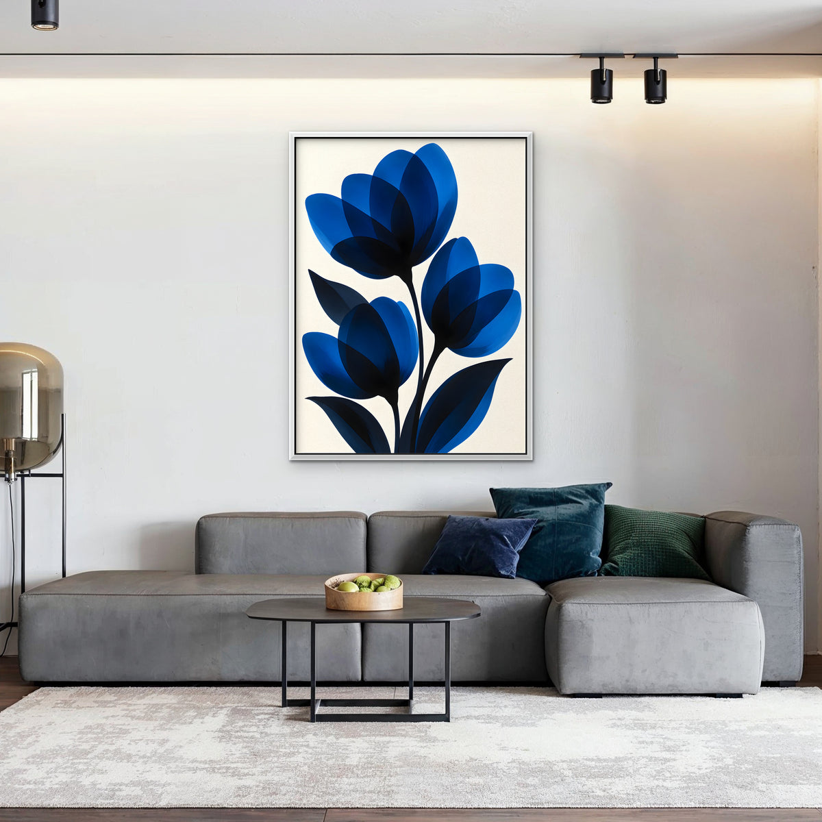 Cobalt Tulips Canvas Art - Vertical – White Floating Frame in room setting