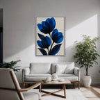 Cobalt Tulips Canvas Art - Vertical – White Floating Frame in room setting