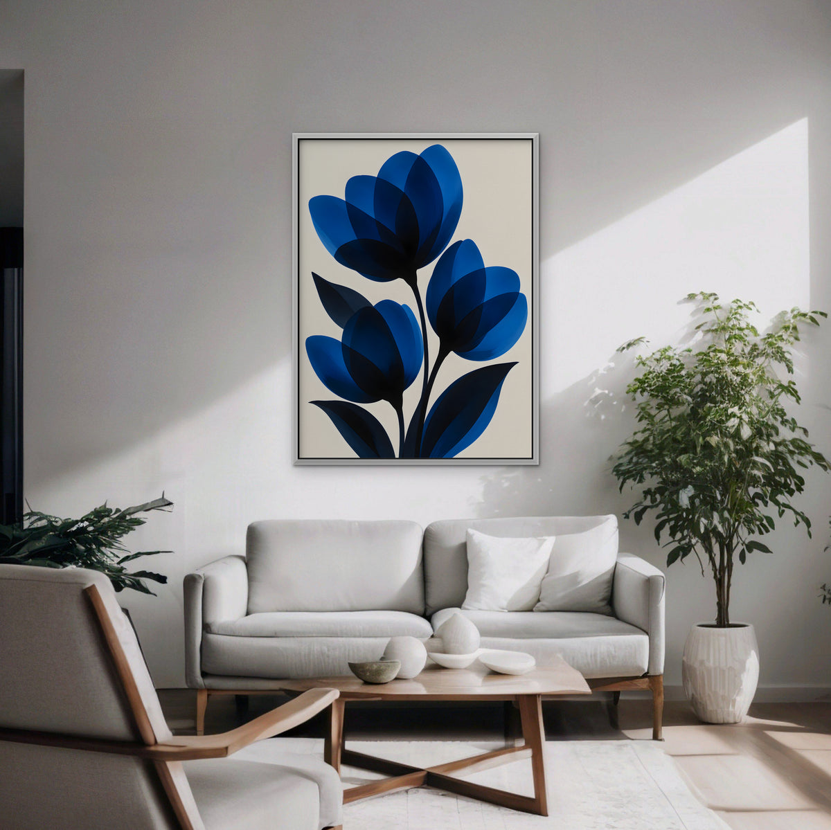 Cobalt Tulips Canvas Art - Vertical – White Floating Frame in room setting