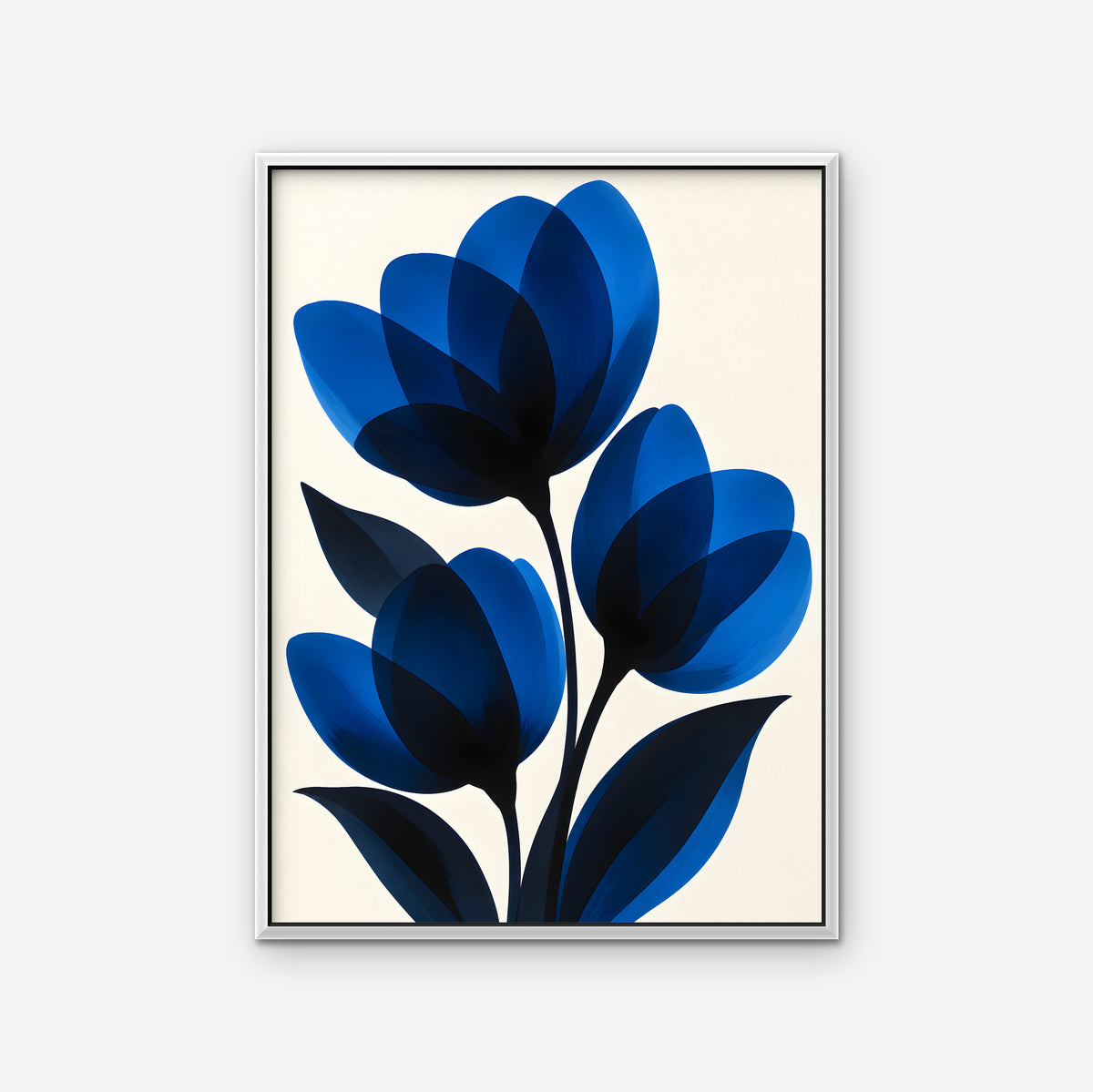 Cobalt Tulips Canvas Art - Vertical – White Floating Frame on white background