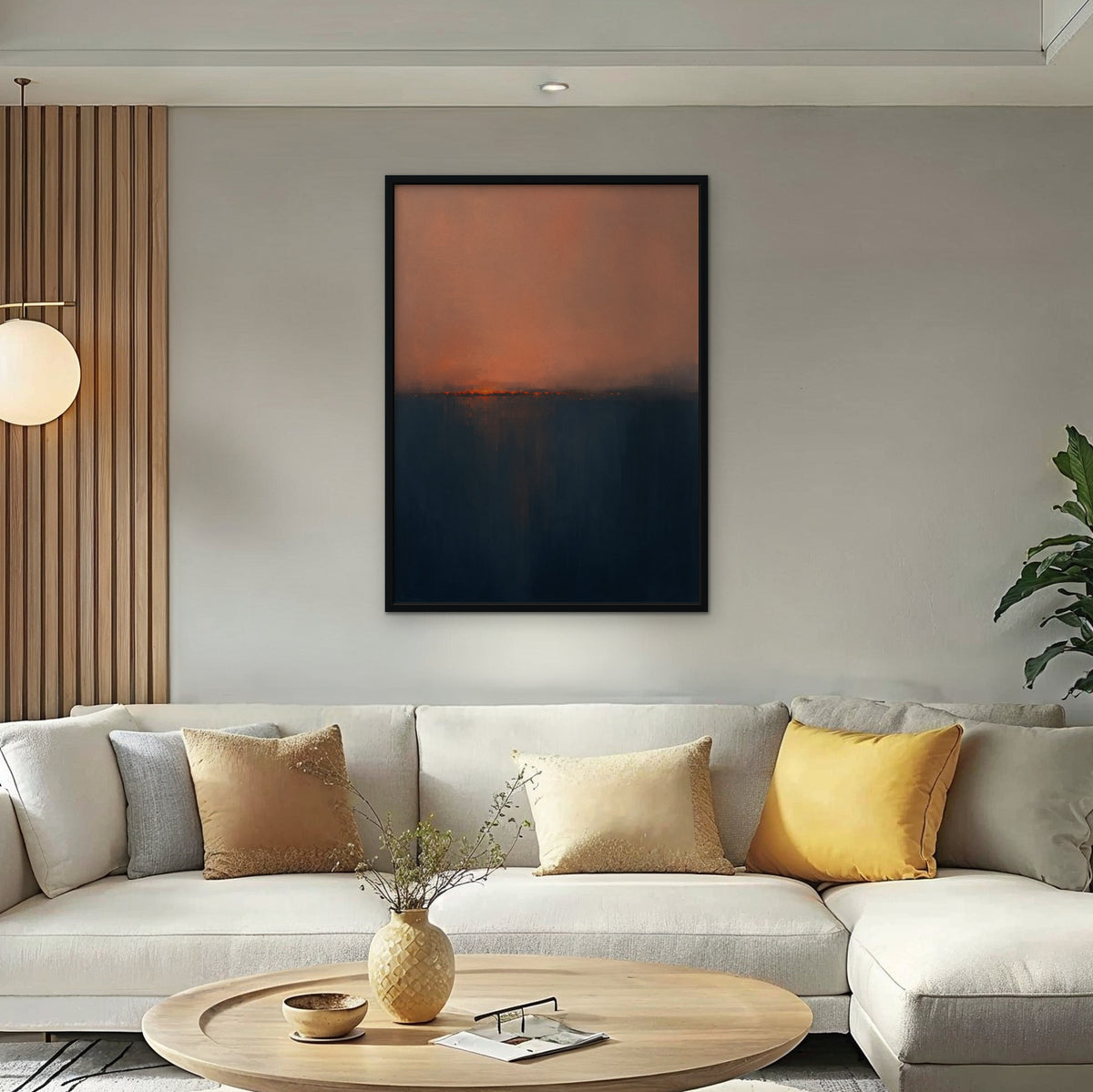 Coral Horizon Canvas Art - Vertical – Black Floating Frame in room setting
