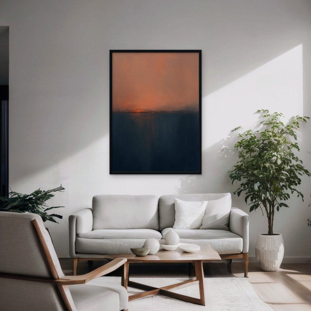 Coral Horizon Canvas Art - Vertical – Black Floating Frame in room setting