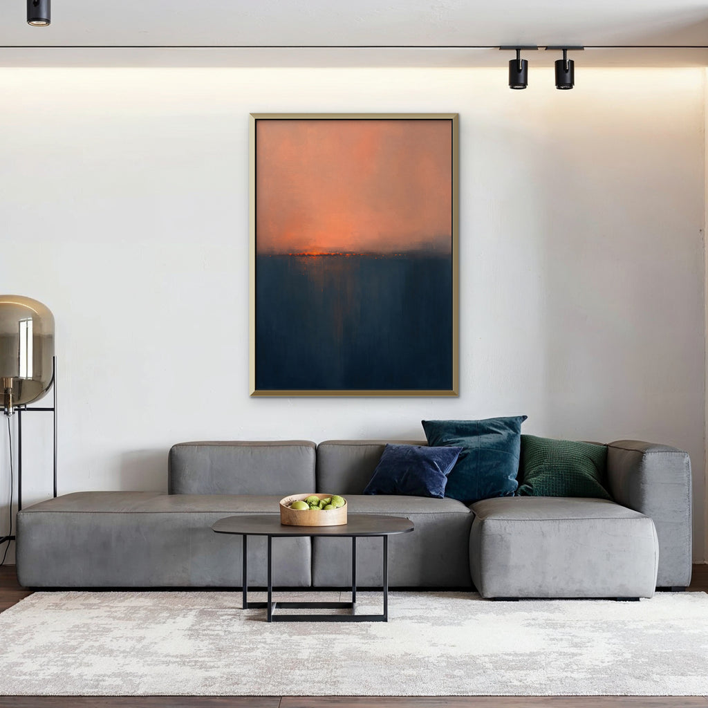 Coral Horizon Canvas Art - Vertical – Gold Floating Frame in room setting