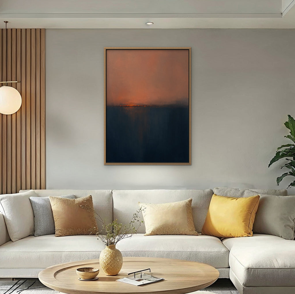 Coral Horizon Canvas Art - Vertical – Oak Floating Frame in room setting
