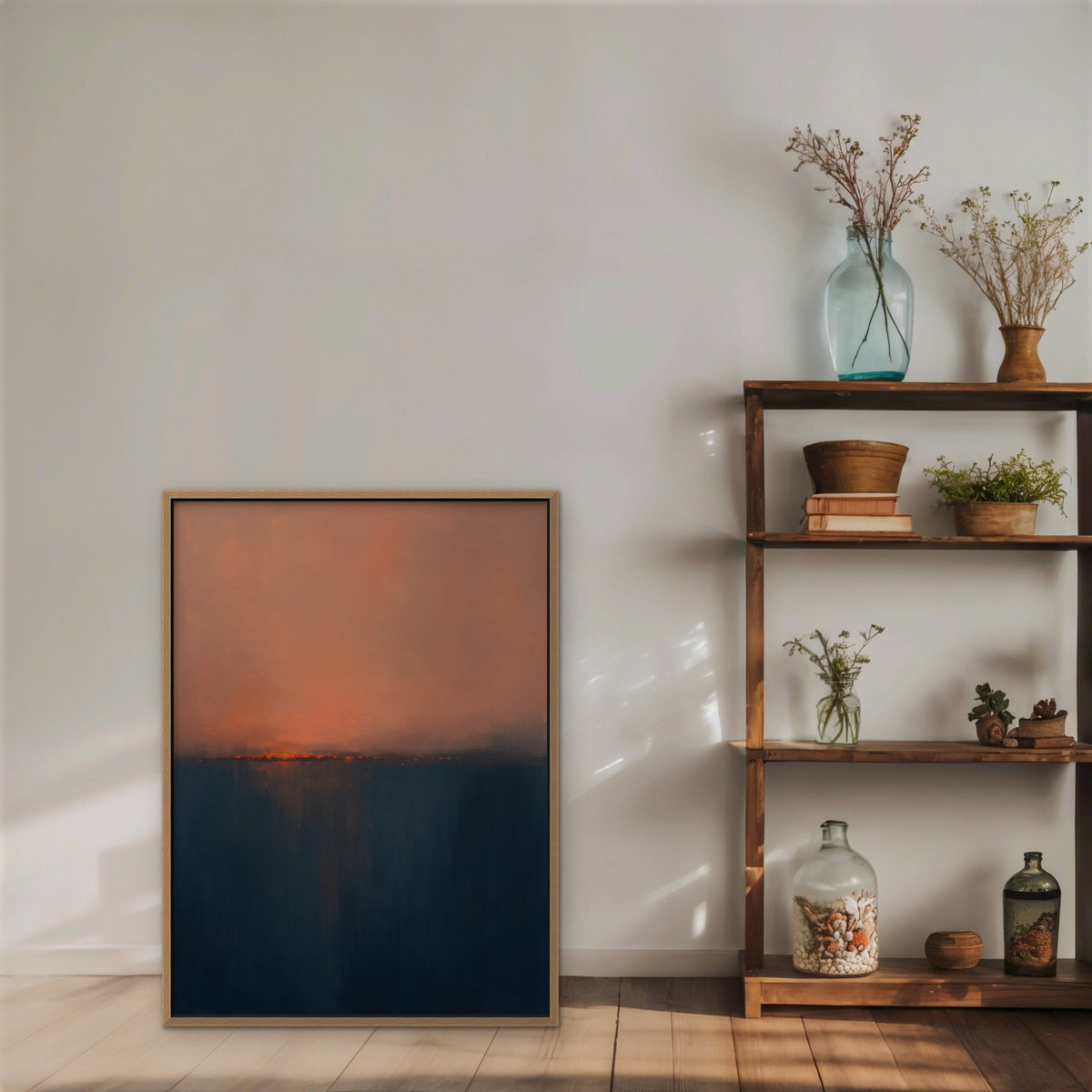 Coral Horizon Canvas Art - Vertical – Oak Floating Frame in room setting