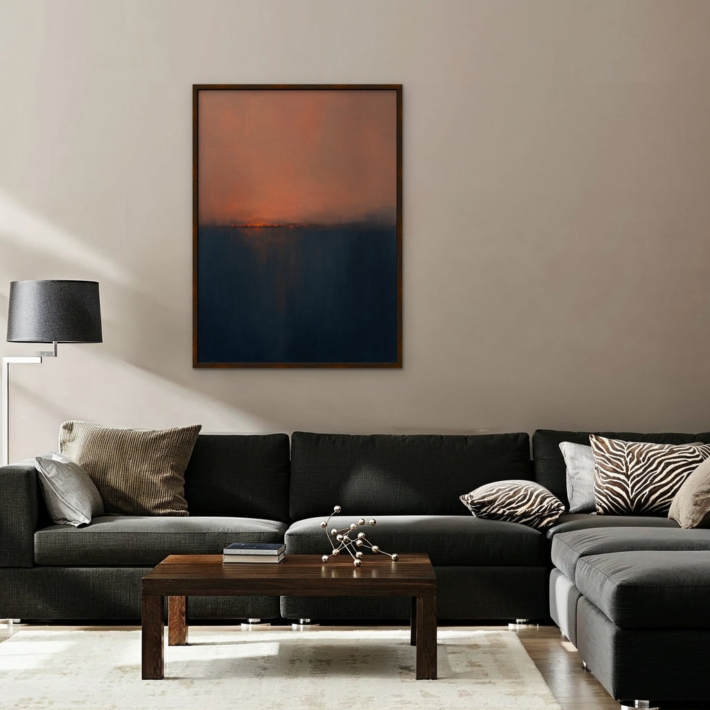 Coral Horizon Canvas Art - Vertical – Walnut Floating Frame in room setting