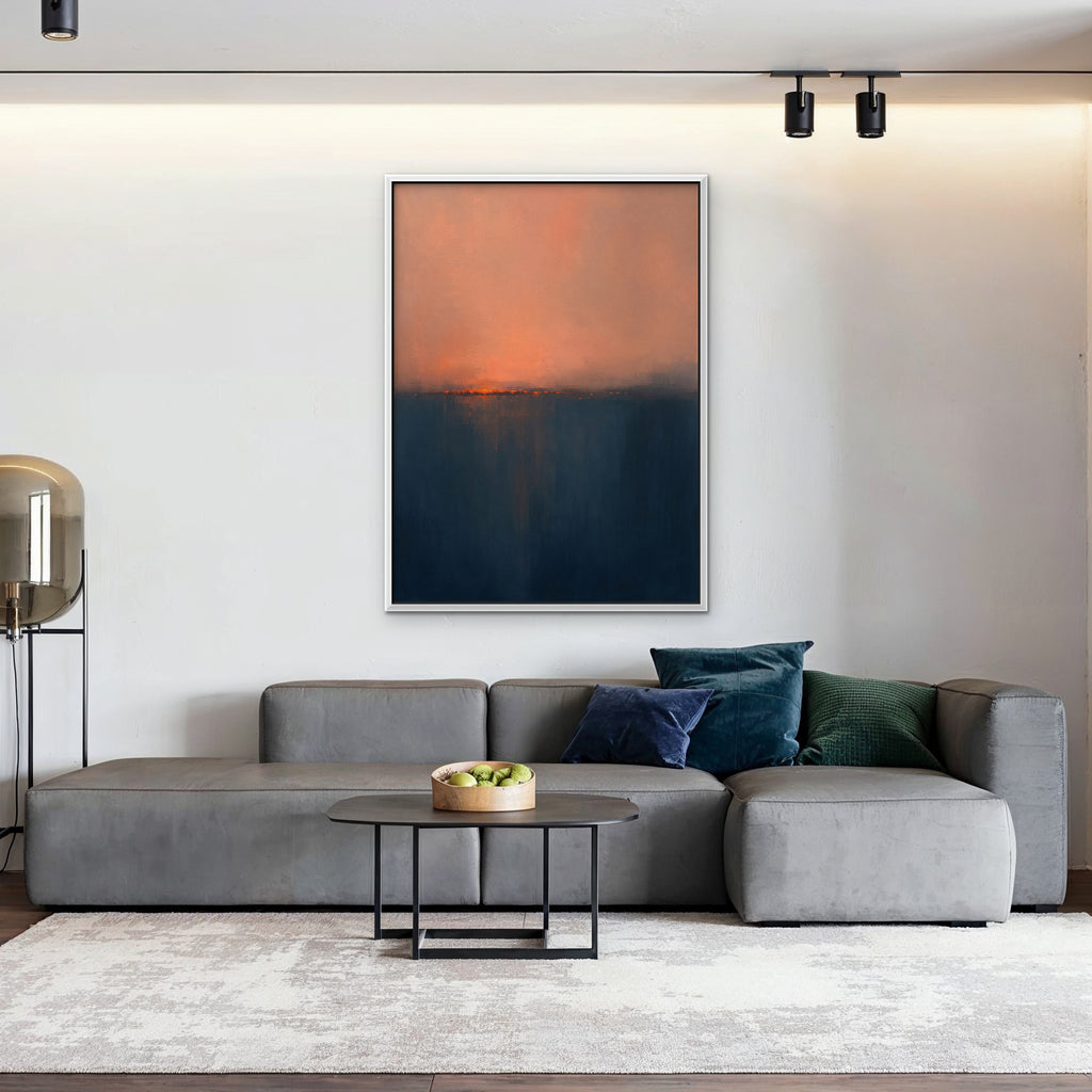 Coral Horizon Canvas Art - Vertical – White Floating Frame in room setting